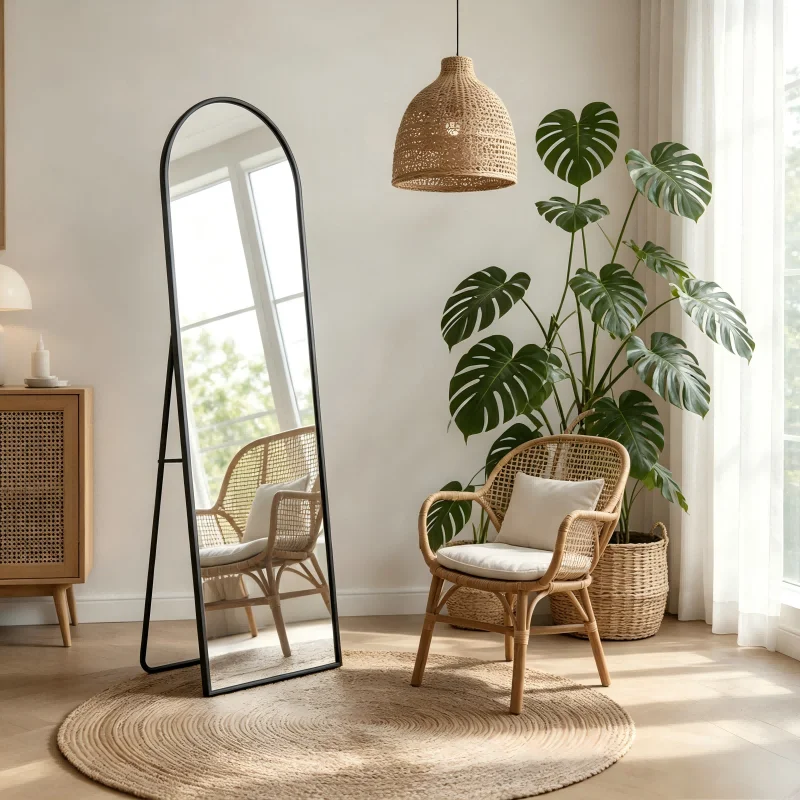 Specchi A Figura Intera 180X80 Cm, Specchio Da Terra Con Piedistallo, Specchio Ad Arco, Specchio Grande Su Piedistallo Arrotondato, Da Appoggiare O Appoggiato, Cornice Nera/Dorata, Per Camera Da Letto, Soggiorno-image