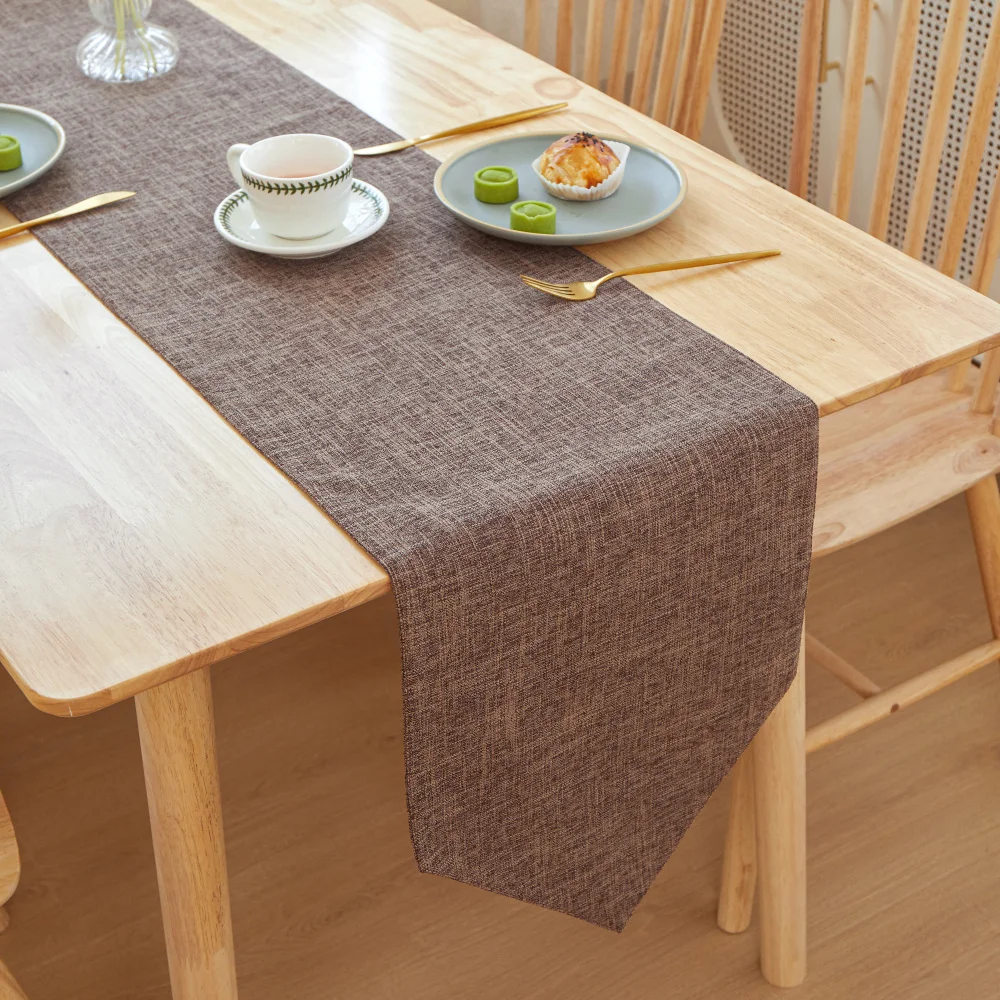 

Thickened Brown Coffee Table Runner Nordic Country Solid Linen Tabletop Mat Machine Washable Heat Resistant Dining Table Decor