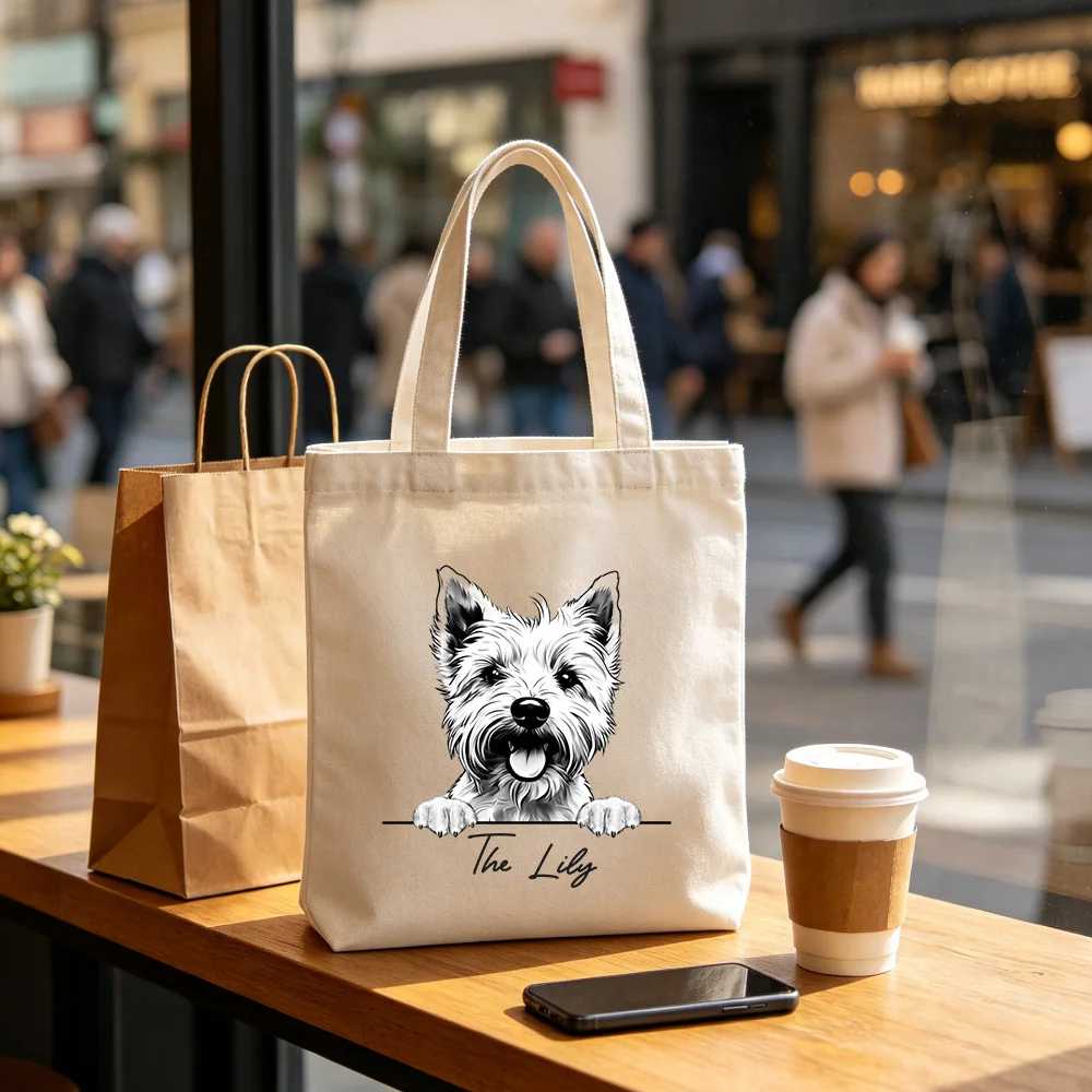 Custom Name Canvas Tote Bag, Personalized Pet Dog Portrait Print Shoulder Bag, Reusable  Handbag, Gift for Dog Lovers Pet Owners