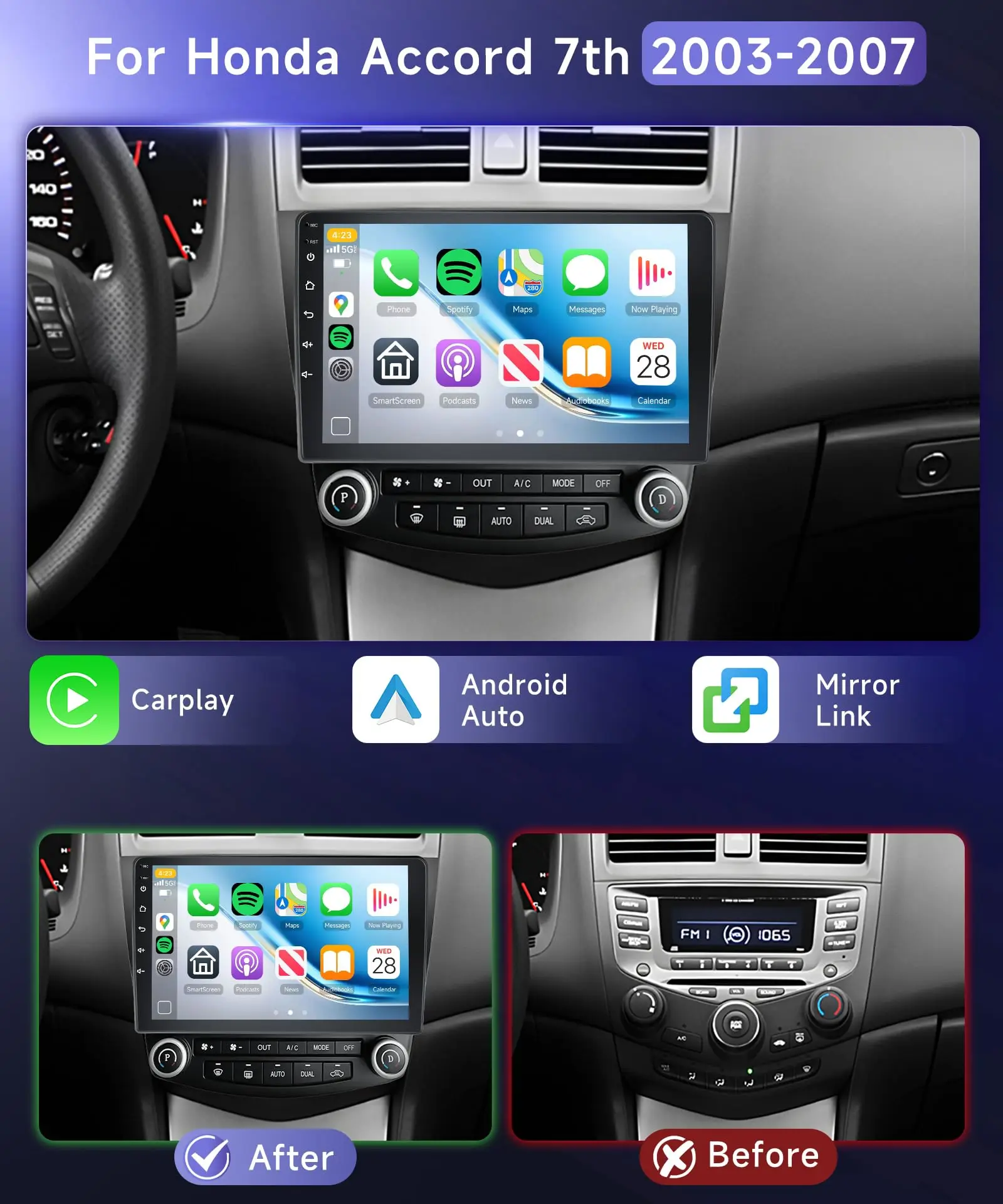 10 Inch Car Radio Stereo for【Honda Accord 7th 2003 2004 2005 2006 2007】with Wireless Carplay Android Auto WiFi GPS Bluetooth SWC