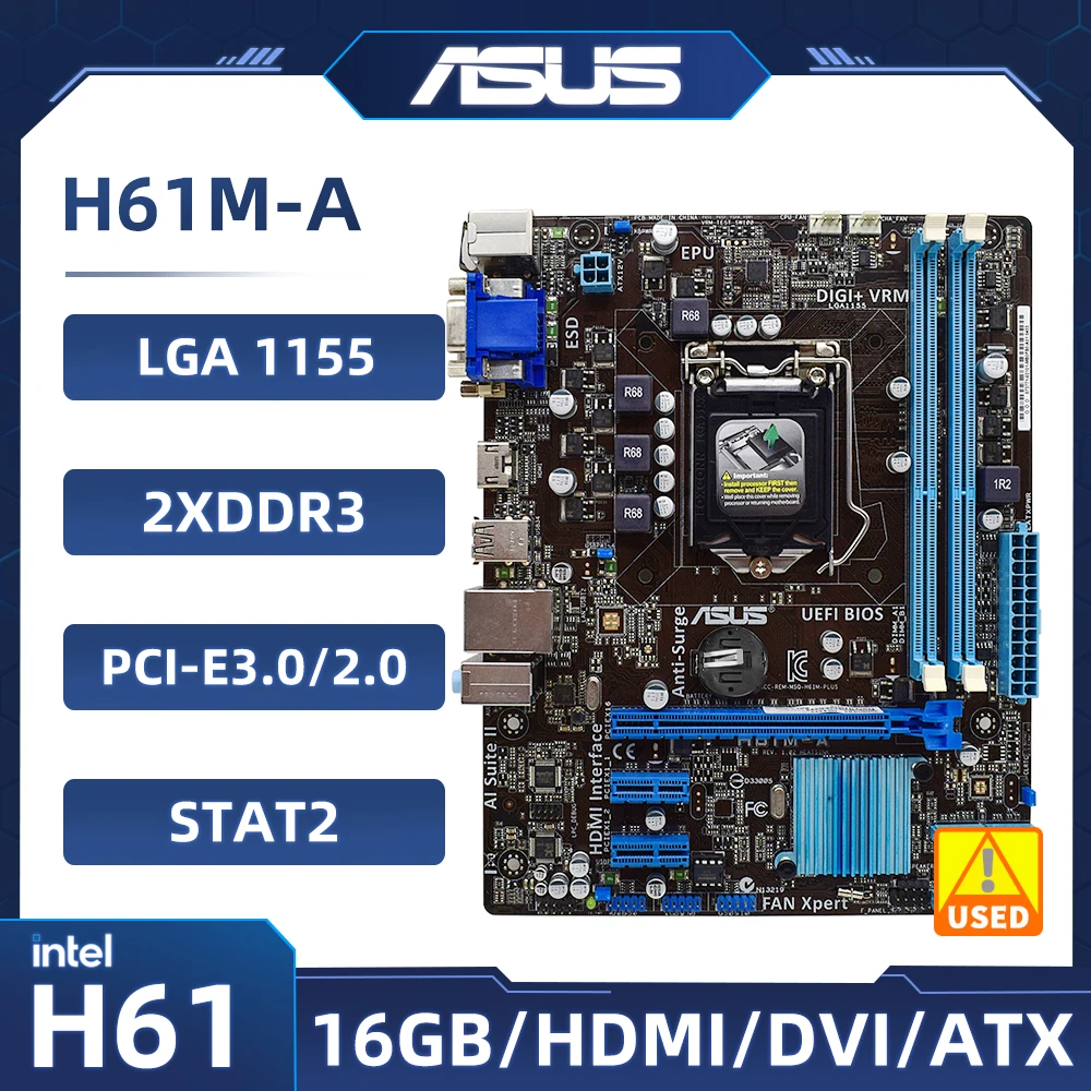 

Материнская плата ASUS H61M-A Intel H61 2 × DDR3 LGA 1155 16 Гб, поддержка Core i3-2130 i5-2320 i5-2500 PCI-E 2,0 ЦП Micro ATX