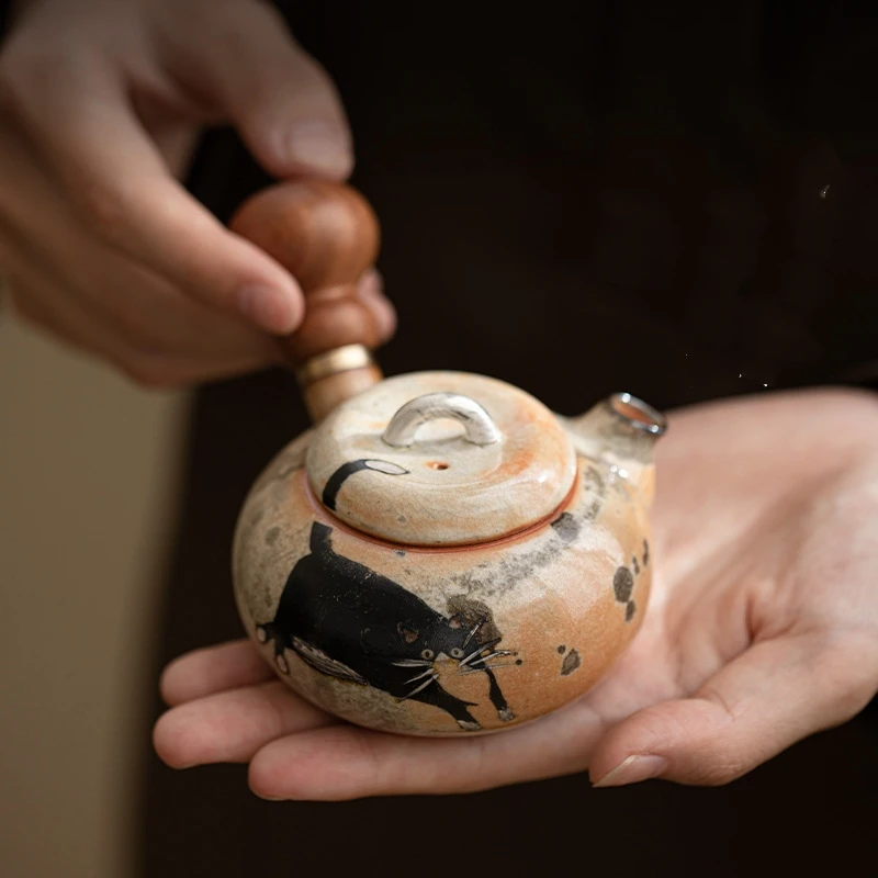 Hand Painted Cat Ceramic Opening Kettle Chinese Pottery Teapot Tea Ceremony Set Milk Oolong Tea Jasmine Teaware Type