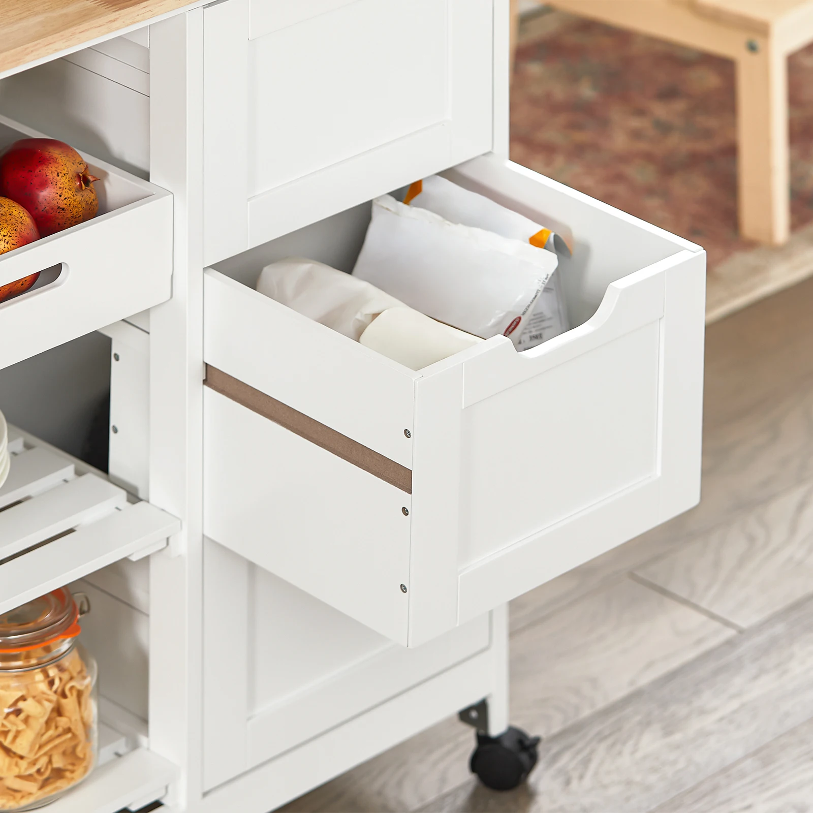 SoBuy FKW79 Küchenwagen zum Rollen mit 2 abnehmbaren Ablagen und 1 Tablett Rollwagen Für Küche, Wohnzimmer, Esszimmer – Detail 11
