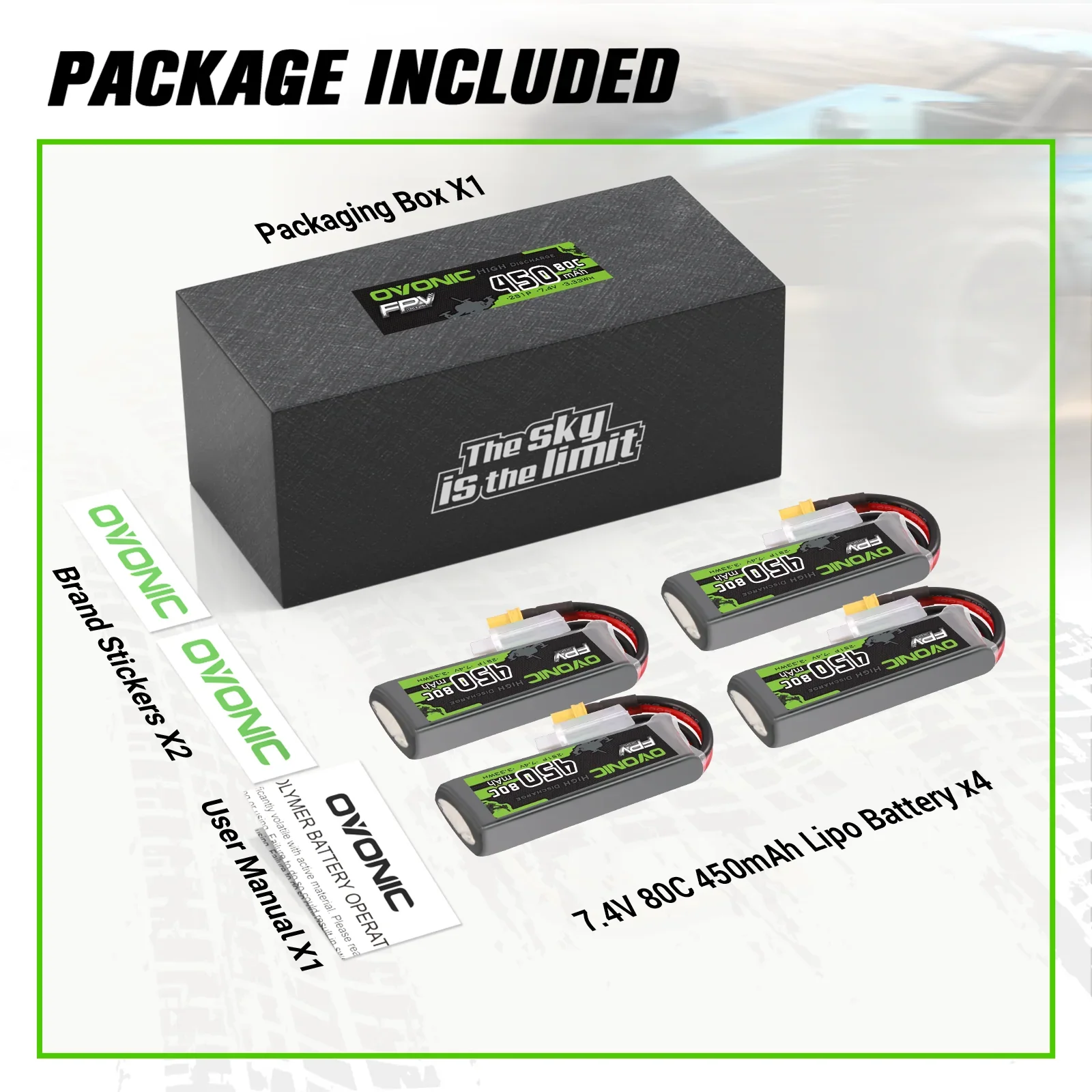 OVONIC 2S 7.4V 450mAh 80C Long Size LiPo Battery, XT30 Plug FPV Battery for Tiny Whoop Racing Freestyle Quadcopter Drones
