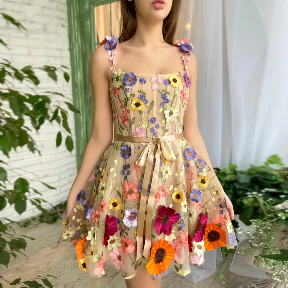 Abiti da festa formali in Tulle 2023 abiti da sera di lusso con colletto quadrato da donna abiti da sera di lusso con fiore 3D a-line abito da sposa per gli ospiti