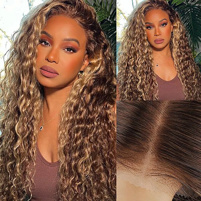 Loira Destaque Curly Lace Front Peruca de Cabelo Humano para Mulheres, Frontal Lace, HD, 4, 27, 13x6, 13x6