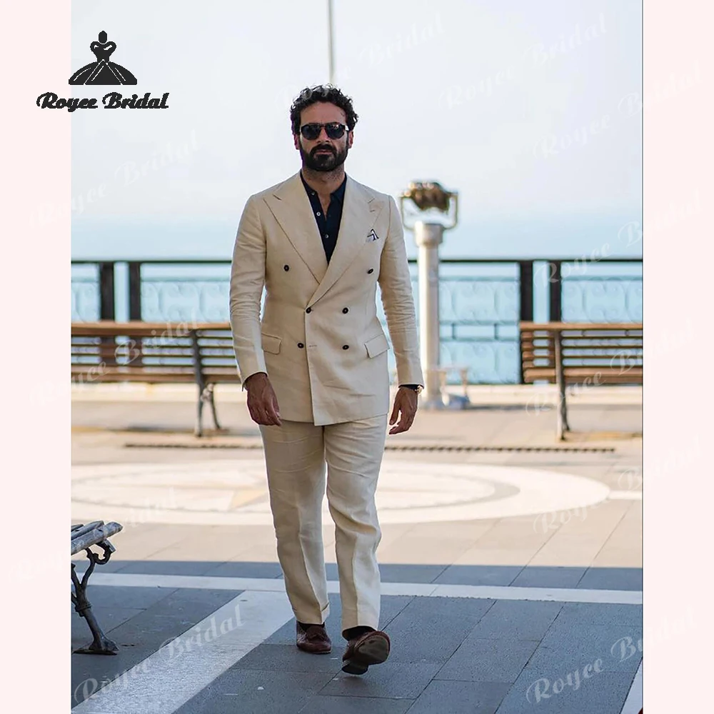 Peak Lapel Two Piece Double Breasted  Men's Suit Wedding 2026 Linen Beach Wedding Business Suit costume homme mariage