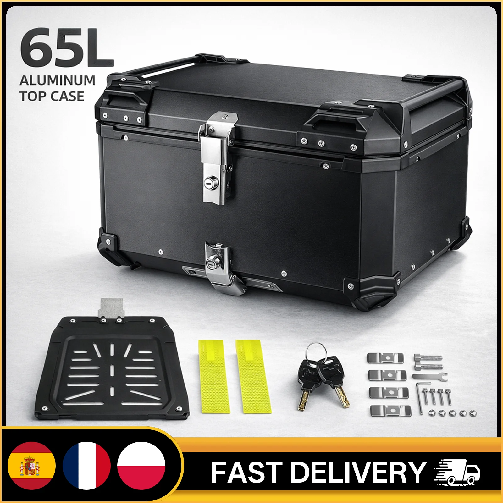 Boîte à bagages pour moto 65L en alliage d'aluminium, coffre universel pour moto, boîte à casque, boîte à bagages étanche pour moto, boîte de rangement pour bagages