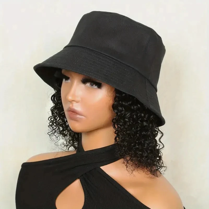 

Yyong Bob Hat Wig kinky Curly 100% Human Hair Wigs For Woman Fisherman Hat Extension Affordable Hair Silky Machine Made Wig