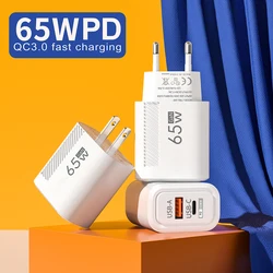 GaN USB 65W Fast Charger 2 Ports Quick Charging QC 3.0 Type C Wall Charge Adapter For iPhone15 Xiaomi Samsung Oneplus EU/US Plug