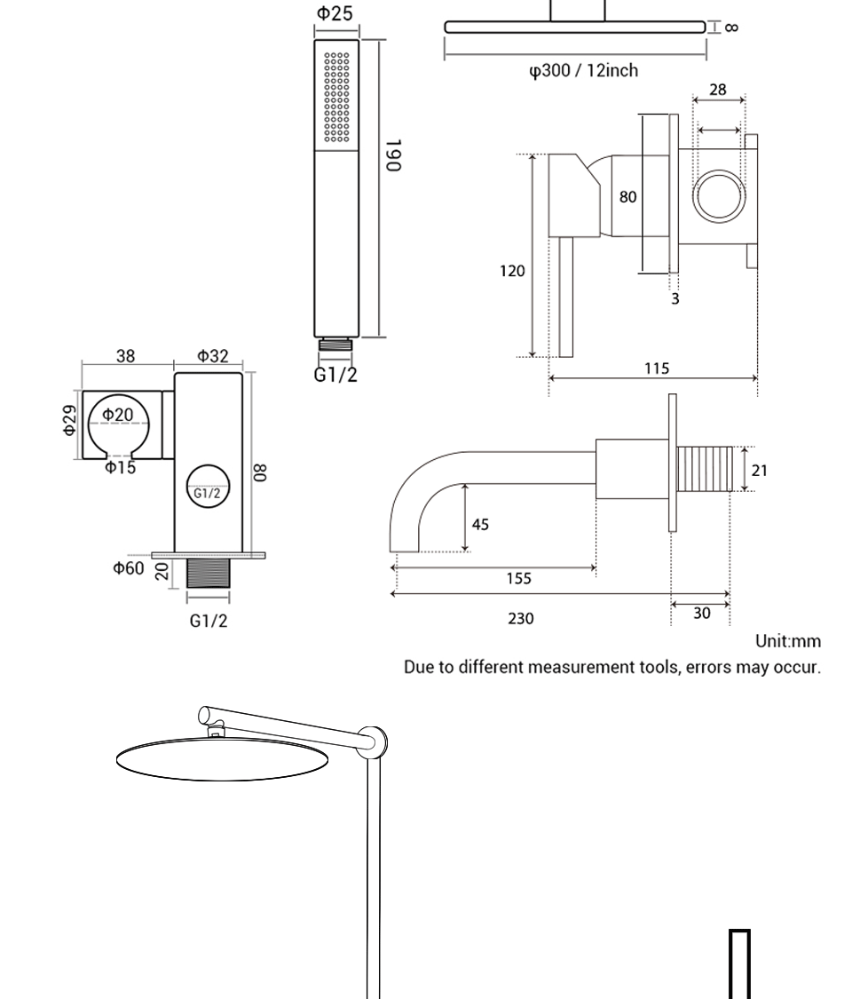 Matte Schwarz Dusche System Bad Badewanne Wasserhahn Mischbatterie Wand Montieren Badewanne Auslauf Drehen 8/10/12 10-zoll-niederschlag HeadShower – Detail 13