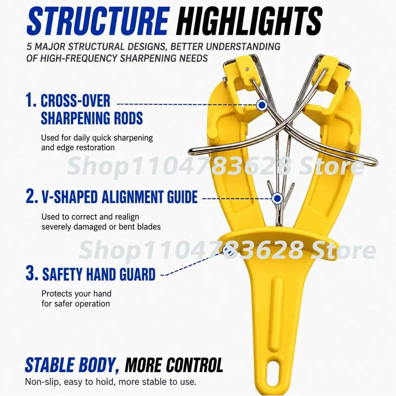 Knife Sharpener for Kitchen , Professional Manual Knife Sharpening Tool with Steel Rods, V-Shaped Blade Guide, MF Safety Guard