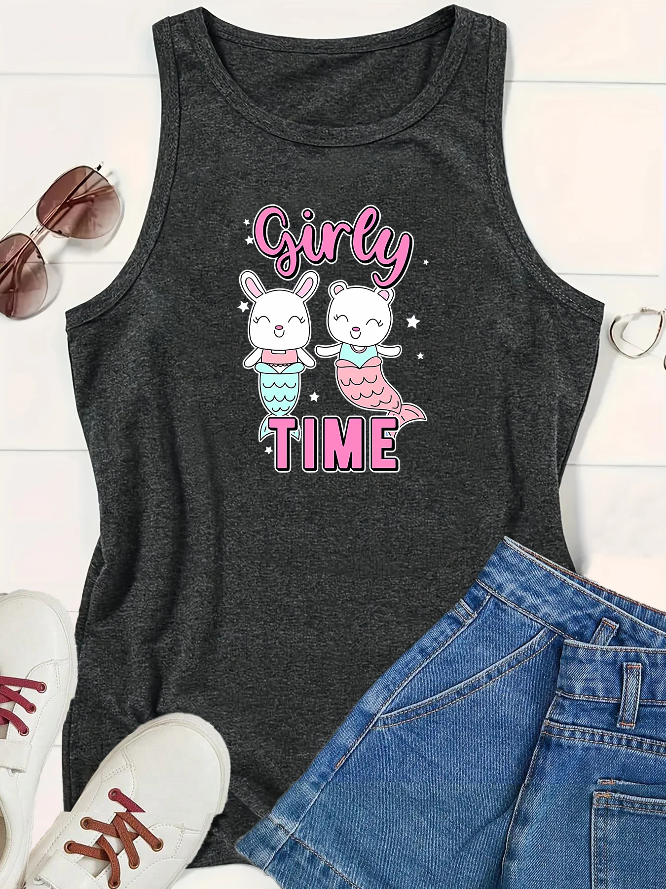 Cyirey Time Animal Cat Fashion Women's Safety Tank Top Loose O Neck Sleeveless Casual Women's Tank Top