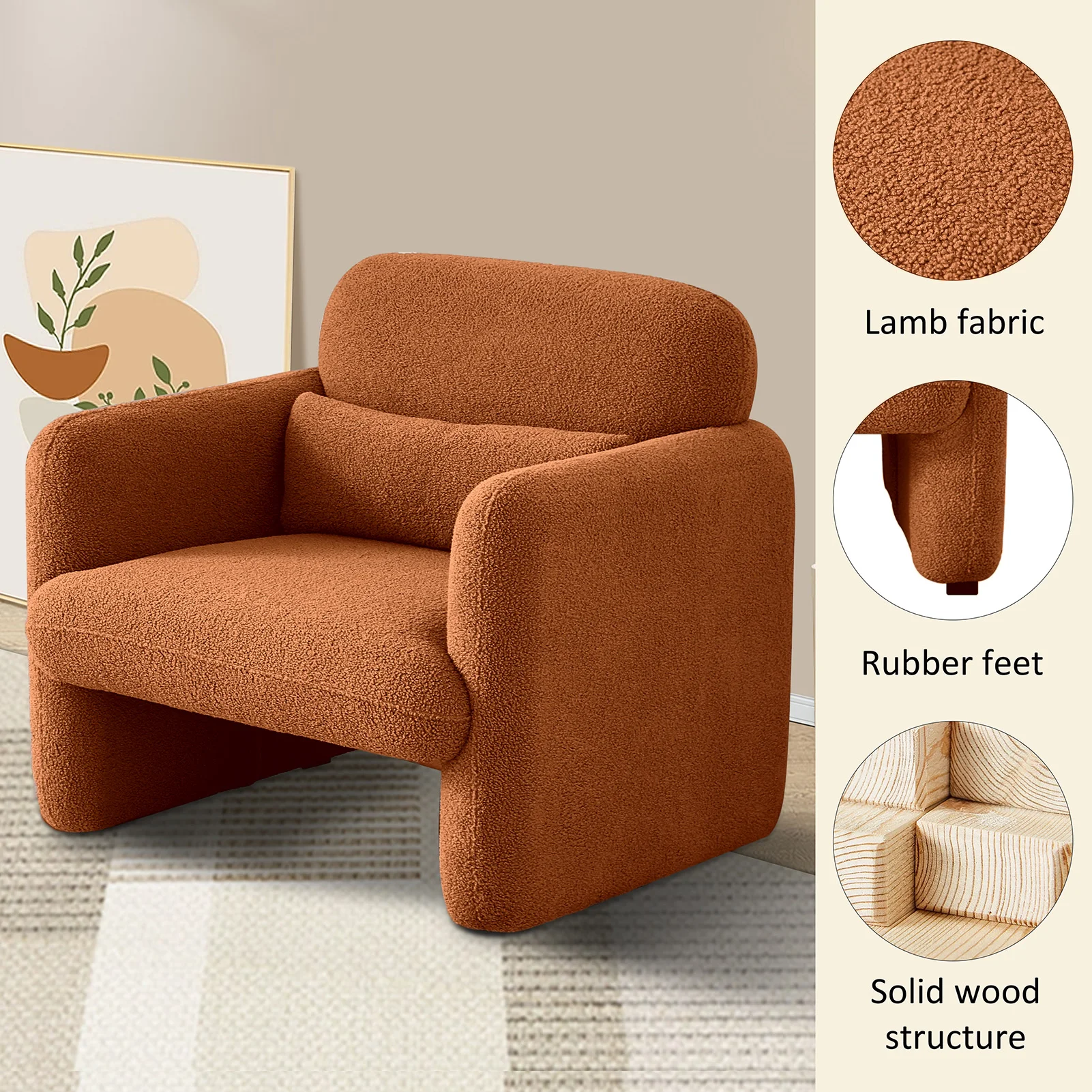 Single sofa chair with armrests,Comfortable reading chair made of lamb wool fabric,suitable for bedrooms living rooms,orange