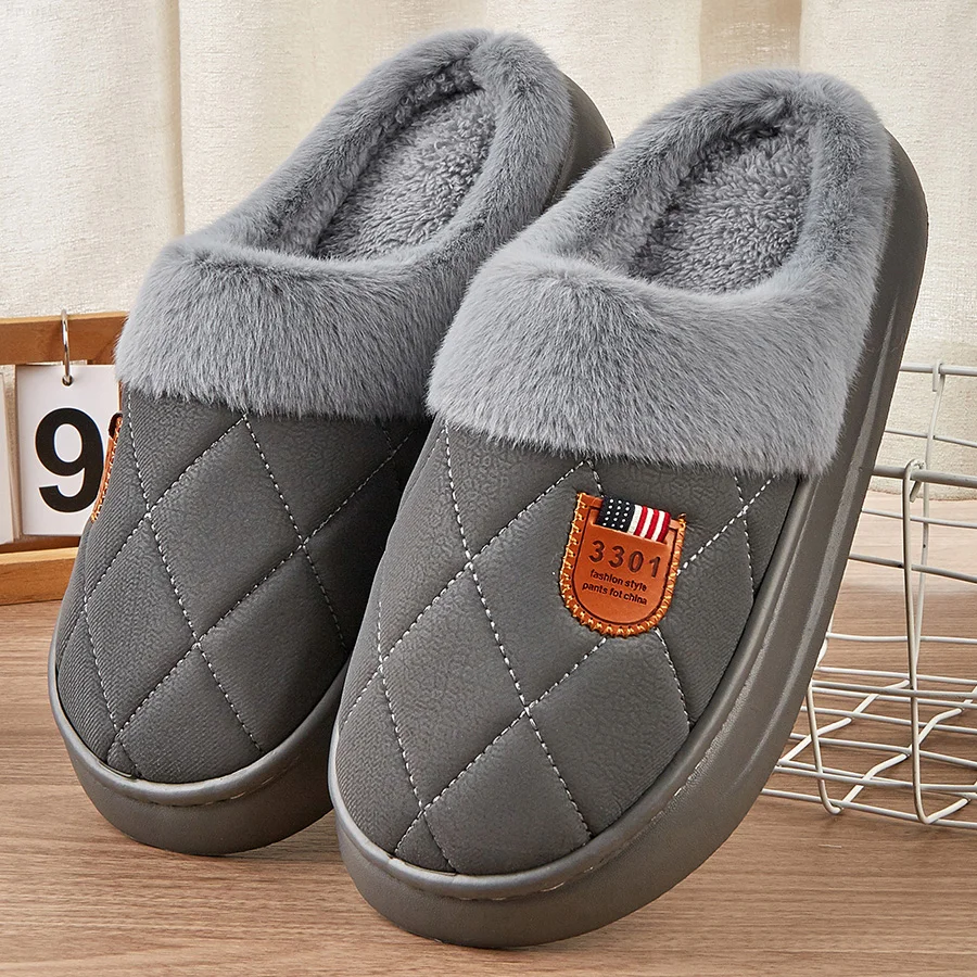 Men House Slippers Eva Platform Memory Foam Plaid Warm Indoor Shoes Soft Non-slip Winter Plush Bedroom Slippers Furry Luxury