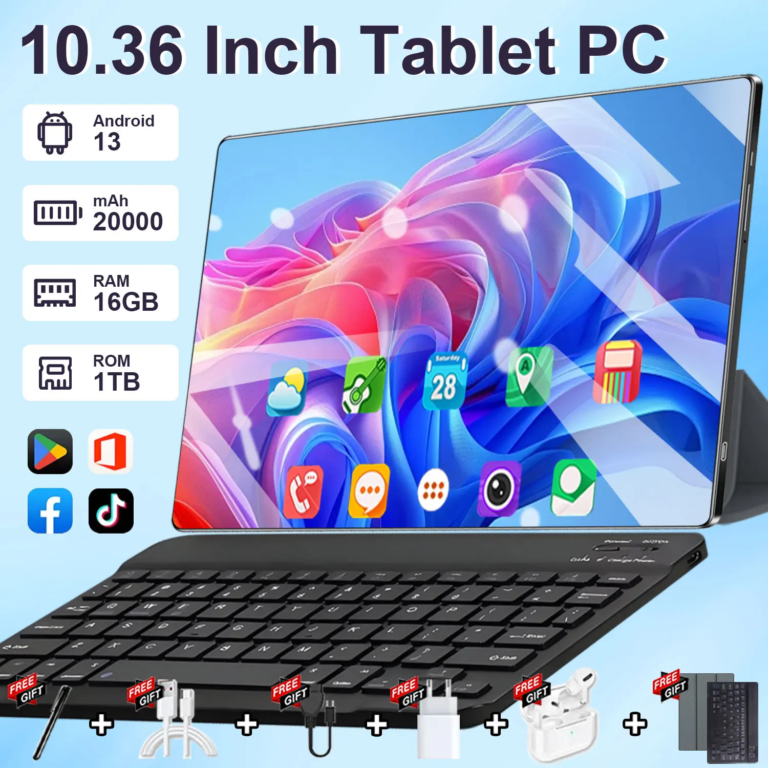 2026 5G Global Original Tablet Android 10.36Inch 16GB RAM 1TB ROM Tablets 20000mAh 14-Core Android 13.0 WiFi Bluetooth Network