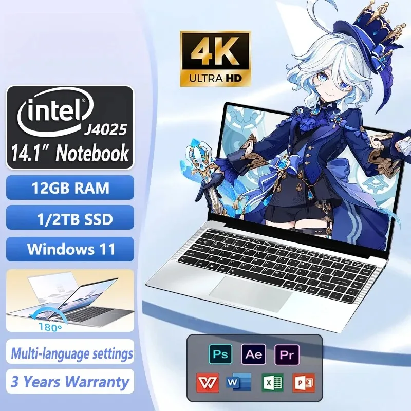 New Laptop Windows 11 Intel J4025 180° Folding Slim Laptop Gamer 12GB RAM 512GB 1TB SSD 1920*1080 Office Study Computer PC