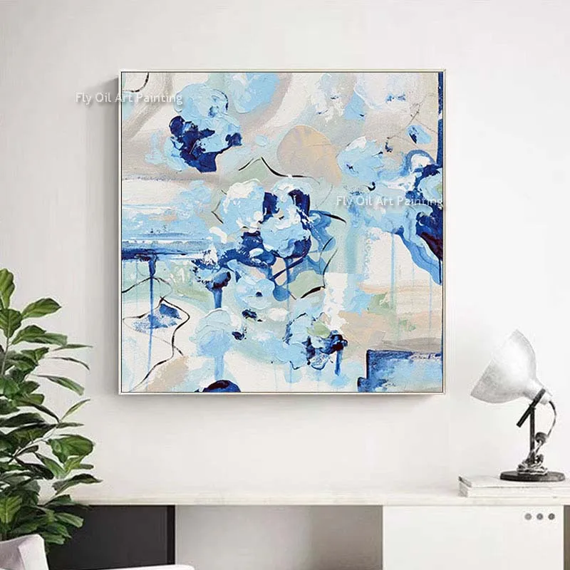 Hand Painted Texture Navy Landscape Messy Abstract Palette Contemporary Blue Ocean Oil Canvas Paintings Vertical Artwork  Decor