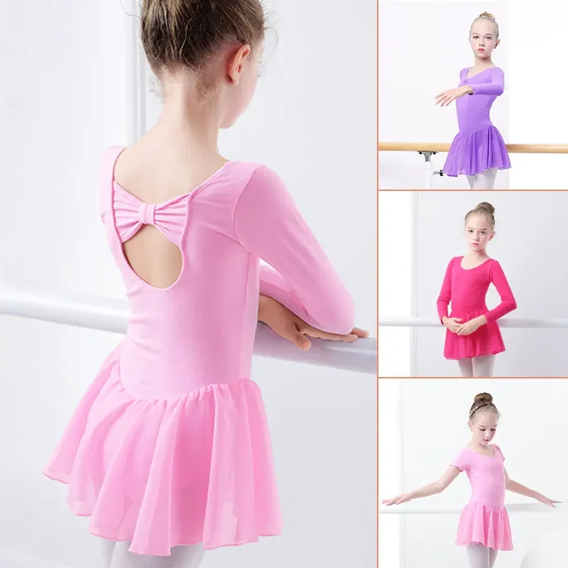 Dziewczęca sukienka baletowa gimnastyka trykot taneczny dla dzieci z krótkim rękawem balet szyfonowa spódnica trykoty Bowknot Dancewear — zdjęcie 2