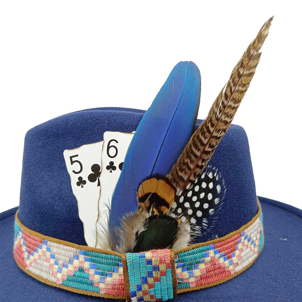 Jazz wool hat Panama hat European and American style hat Poker feather decorated wool wide brim hat party hat chapeau femme
