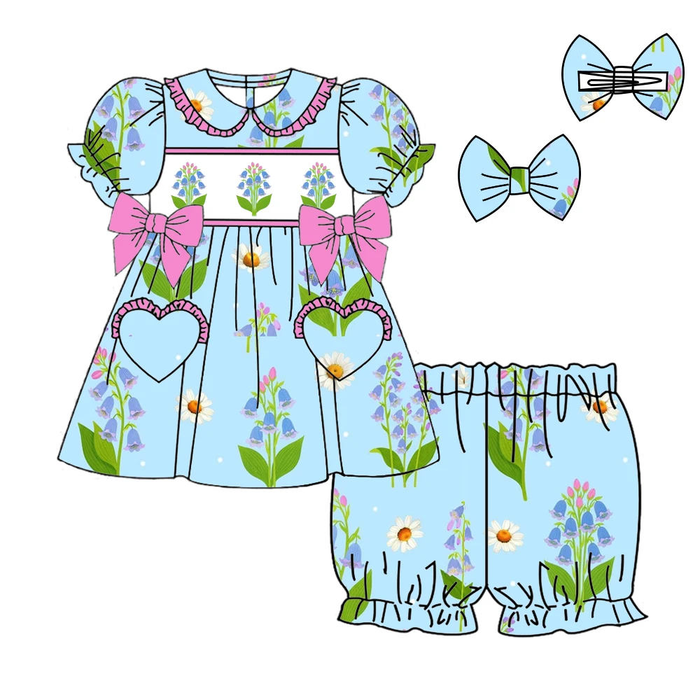 Boutique Kids Set Bow Flower Key Print Smock Set Toddler Girls Ensemble Comfortable Bow Decoration Kids Custom