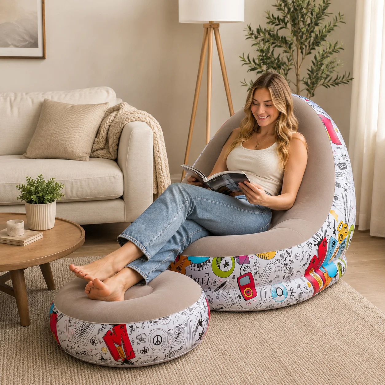 1pc Inflatable Graffiti Lounge Chair with Ottoman, Portable Air Sofa Footrest Set for Bedroom Living Room Camping Adults image 4