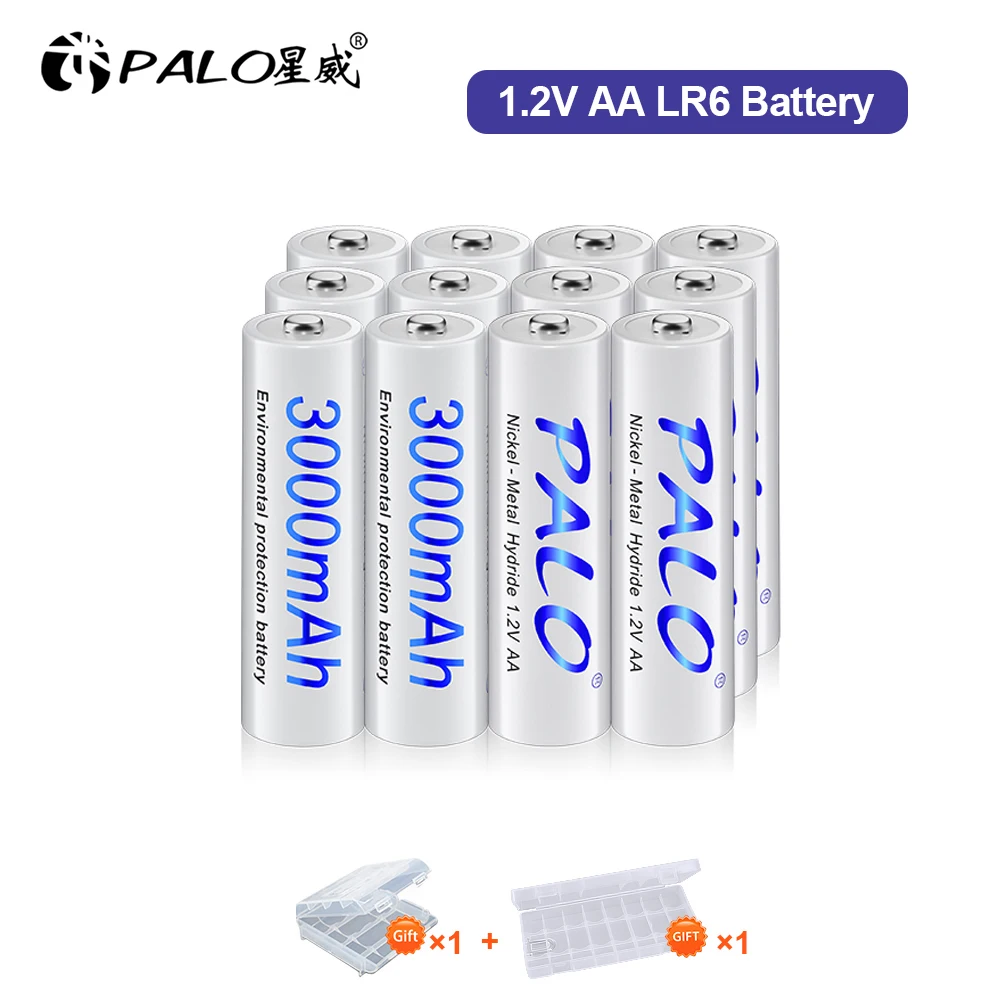 

PALO 3000mAh AA Battery 1.2V NIMH AA Rechargeable Batteries 2A LR6 Battery+LCD Smart USB Charger for 1.2V AA AAA Ni-MH Battery