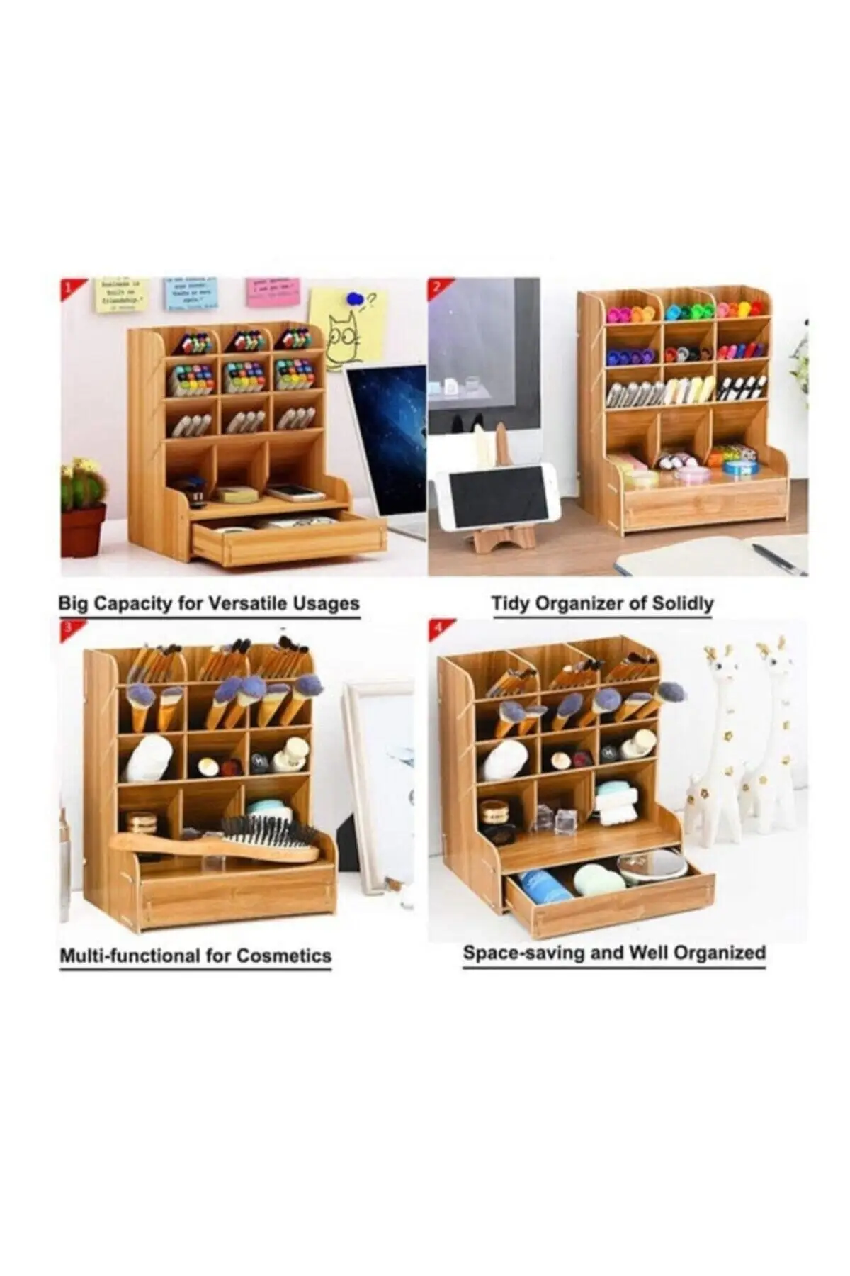 Desktop Wooden Diagonal 9 Compartment Pen Holder with Drawers Maple Organizer Assembled Wood Desk Pen Holder Organizer Document