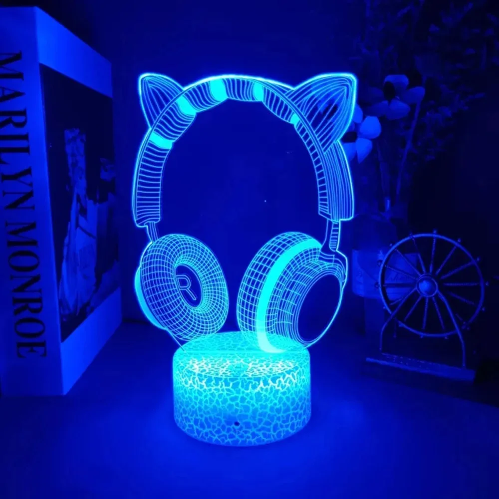 New Headphones 3D Illusion Night Light Headset Desk Setup Table Lamp Cool Game Console Room Decor Light for Kids Christmas Gift