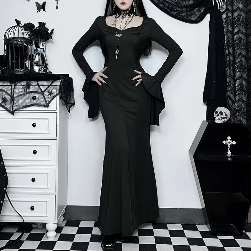 Sexy Elegant Lace Flared Long Sleeve High Split Maxi Dresses Vintage Black Velvet Chain Patchwork Bodycon Long Dress Grunge Robe