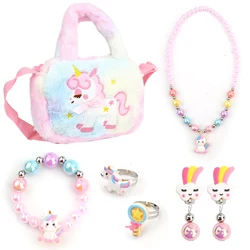 Kids Unicorn Fur Bag + Unicorn Jewelry 6-piece set Unicorn Princess Necklace Bracelet Ring Earrings Handbag Accessories Party