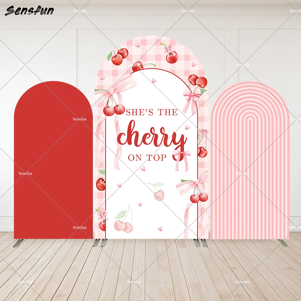 

Personalized Red Cherry Arched Panel Wall Our Little Cherry on Top Baby Shower Party Banner Arch Backdrop Cover 2-Sided Elastic