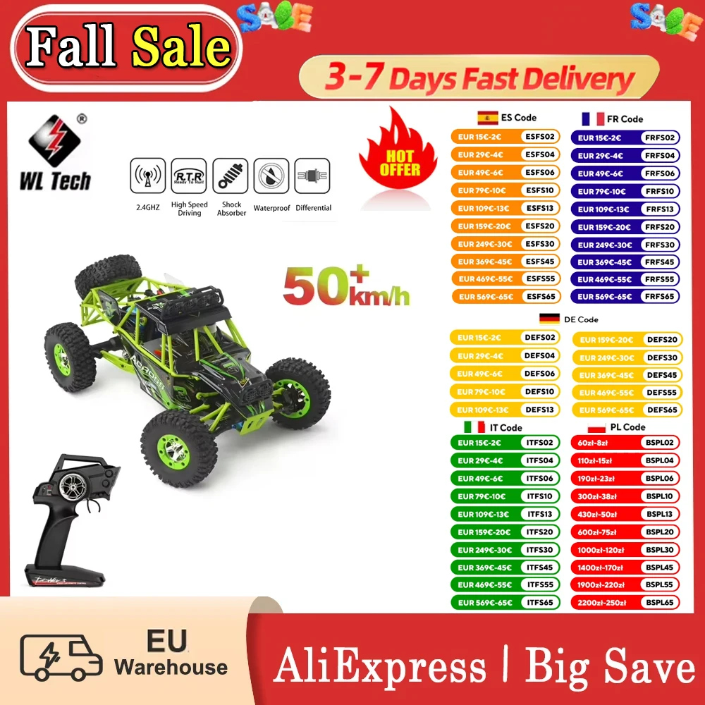 WLtoys 12427 50 km/h Max Speed 2.4G 1:12 4WD Crawler Remote Control RC Car With LED Light Two Battery Buggy Vehicle LED Light