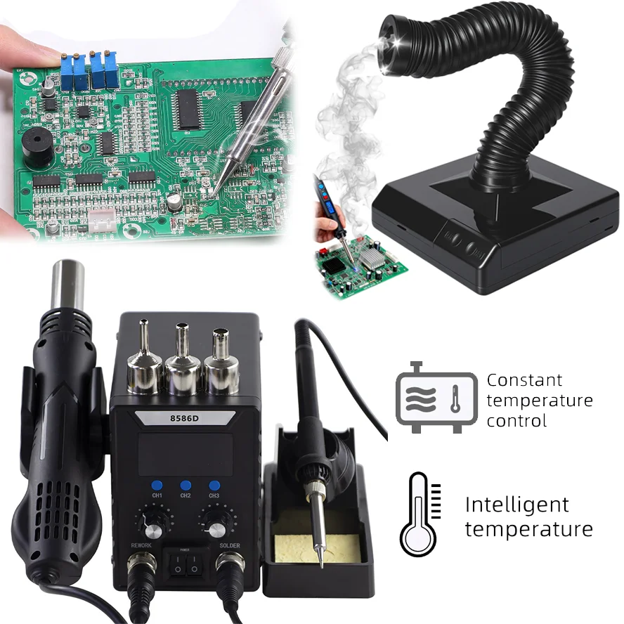 Kombiniertes Set 8586D Digitale Heißluft-Lötstation 60W LED ESD Rauchabsauger Kohlefilter Rauchabsauggerät Schweißreparaturwerkzeuge für BGA SMD PCB Handy IC Elektronische Komponenten
