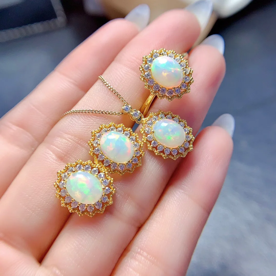 KJJEAXCMY Girls' Jewelry 6x8mm Natural White Opal Necklace Pendant Ring Earnail Set 925 Pure Silver Electroplating 18K Gold Clea