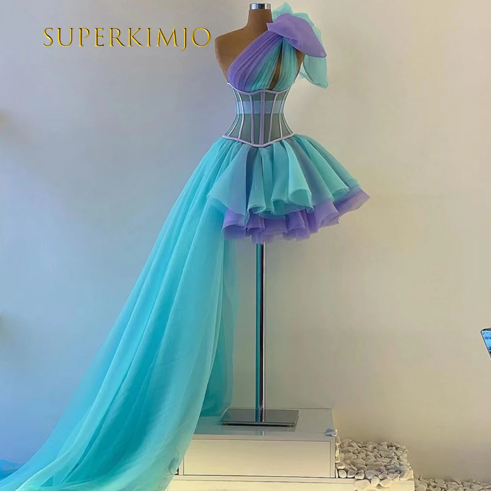 

SuperKimJo Vestidos De Graduacion Two Tones Prom Dresses Short Blue One Shoulder Cheap Prom Gown Robes De Cocktail