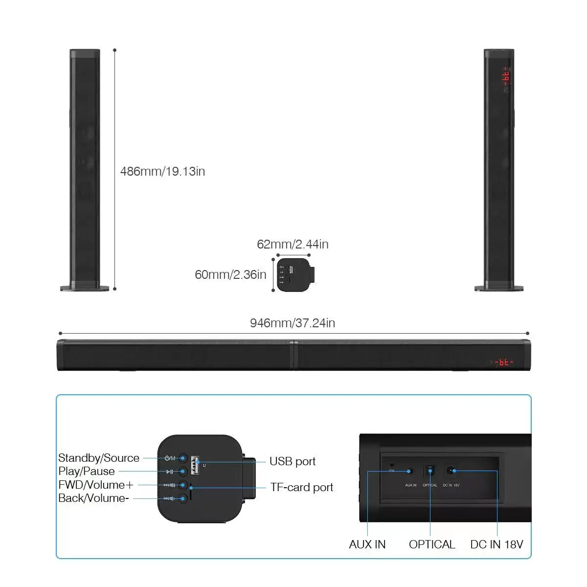 Barre de son Bluetooth 37 pouces compatible HDMI, pour TV LED, montage mural, Home cinéma 3D, son surround optique SPDIF ARC détachable