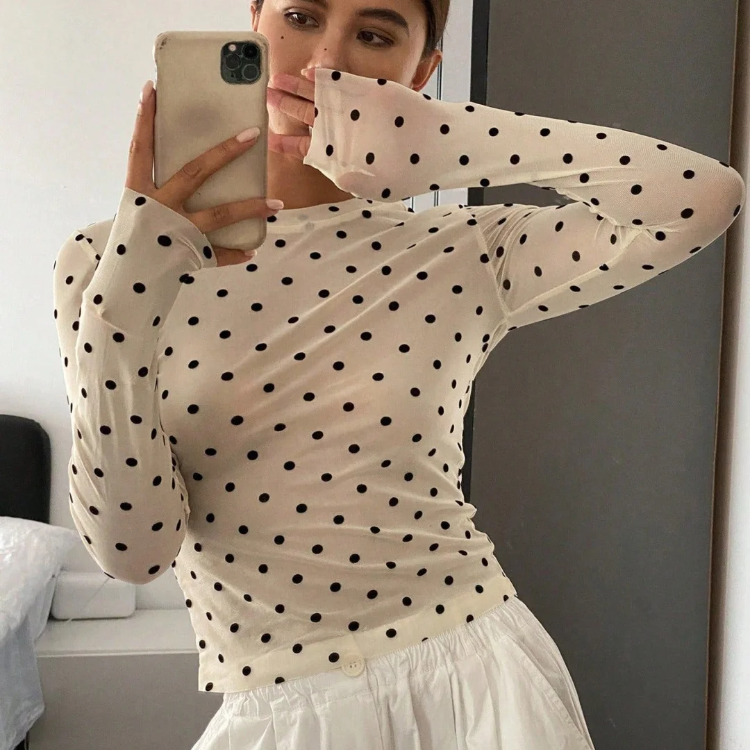 Round Neck Long Sleeve Female's Shirt Spring and Autumn Polka Dot Sexy See Through Slim Tops for Women Easy Matching Streetwear