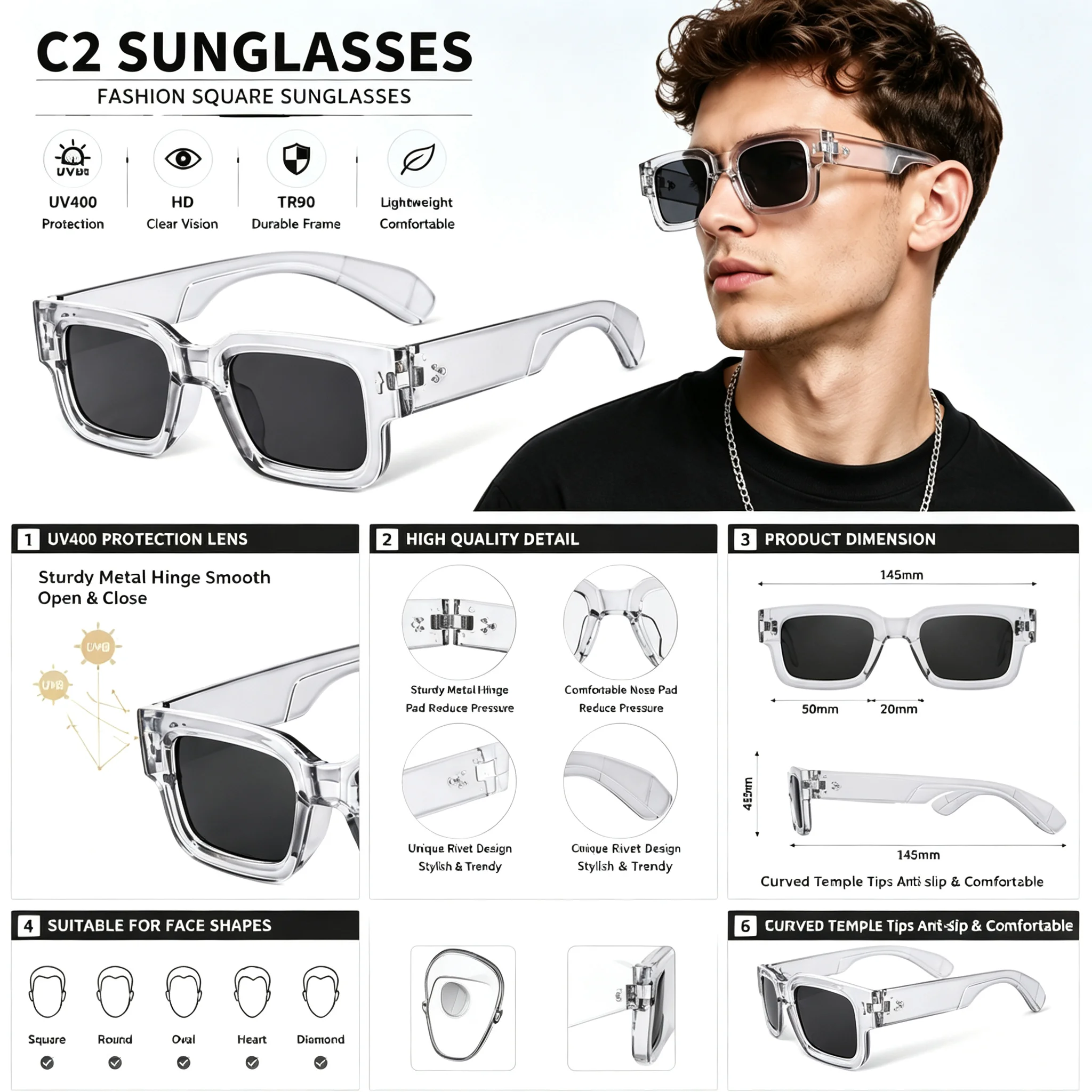 Y2K Thick Square Sunglasses Wo - Street Fashion Y2K ulasan dan harga