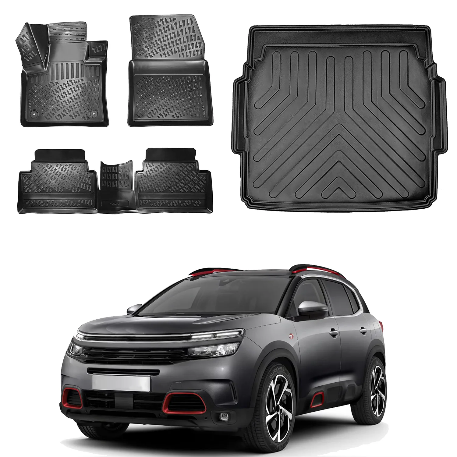 Floor Mats + Cargo Trunk Liner Fits Citroen C5 Aircross 2017-2024 Set - All Weather Maximum Coverage - Water Resistance