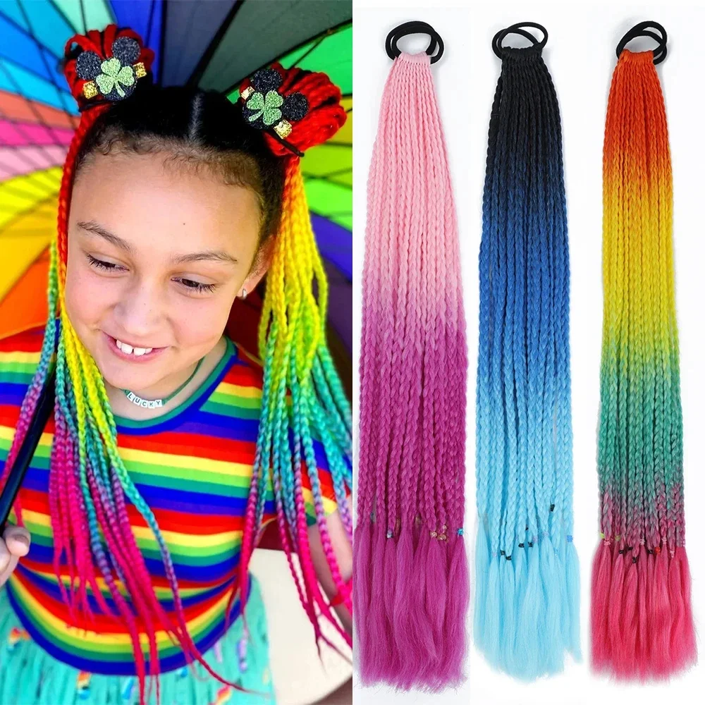 Extensions de queue de cheval tressées sales de couleur dégradée synthétique avec bande élastique 24 "arc-en-ciel tresse queue de poney postiche pour fille