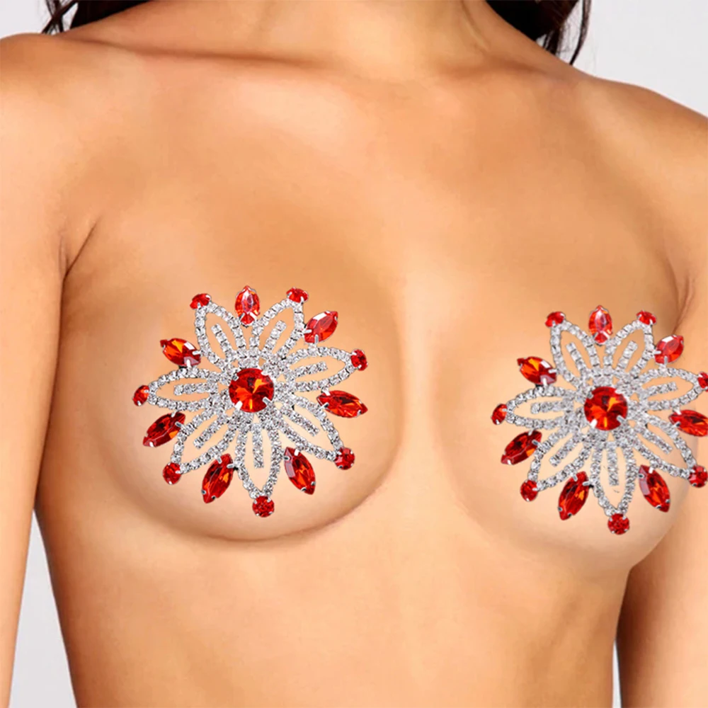 Stonefans A Pair Red Flower Chest Patch Nipple Stickers No Piercing Jewelry Festival Sexy Nipple Pasties Breast Petals Stickers