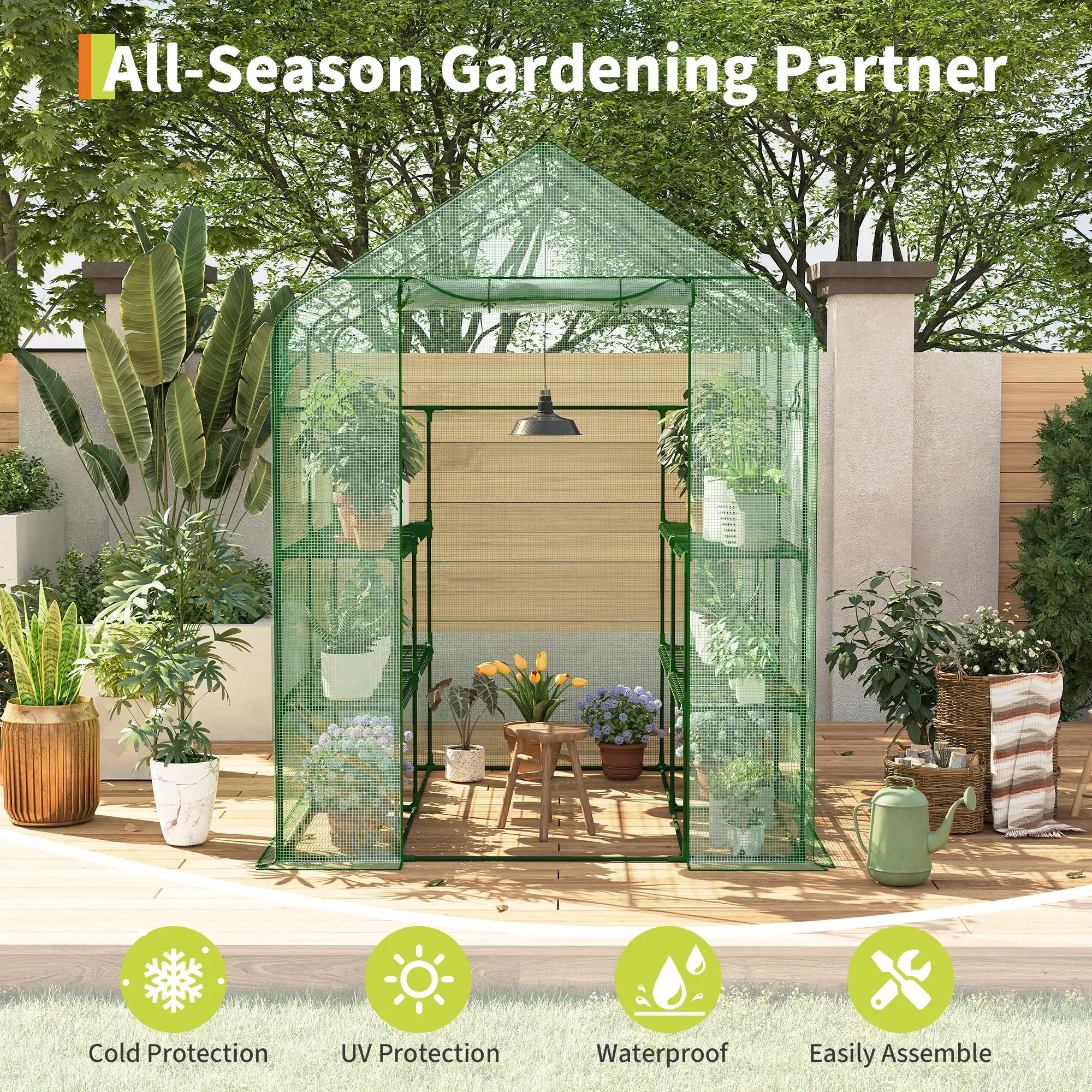 57 x 57 x 76'' Greenhouses for Outdoors, Durable Green House Kit with Window, Thicken PE Cover, 3 Tiers 12 Shelves, Portalbe Walk in Green Houses for Indoor Backyard Outside