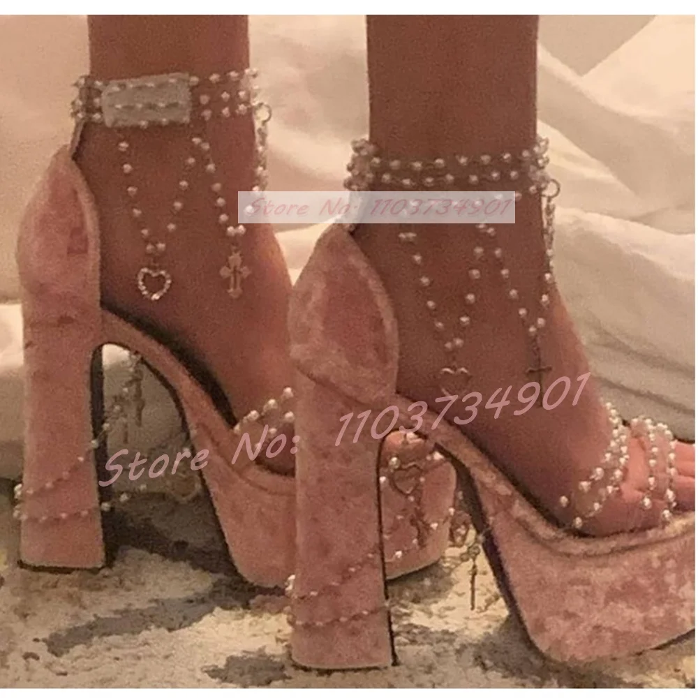 Pearl Pretty Fairy Platform Satin Sandals Women Pink Heart Sweet Round Toe Block High Heel Lolita Sandals Fashion Ankle Shoes