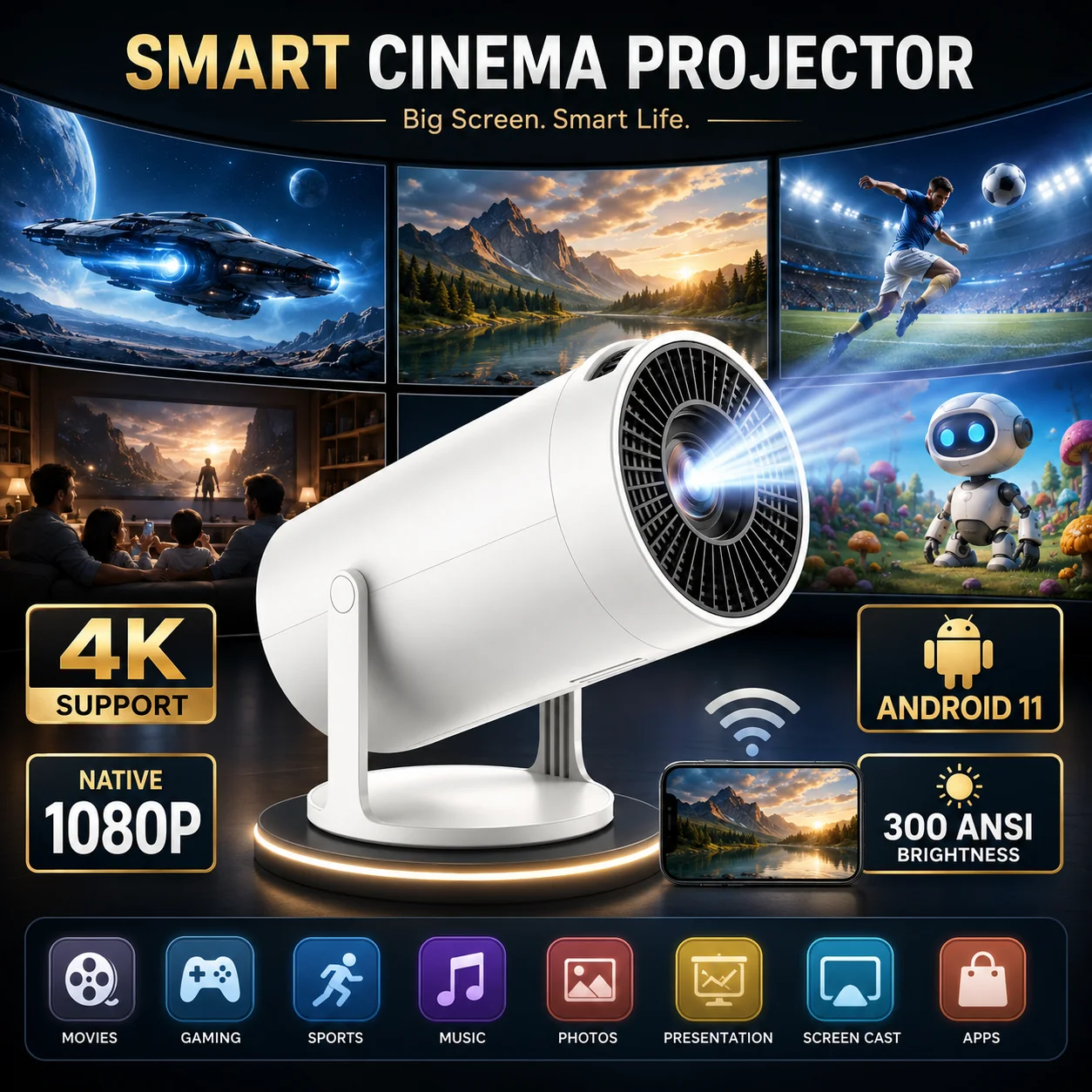 HY300 Mini-Projektor 50ANSI Lumen LED Tragbarer Projektor Kabellose Bildschirmspiegelung Heimkino Outdoor-Kino HDMI USB 4K HD Projektor
