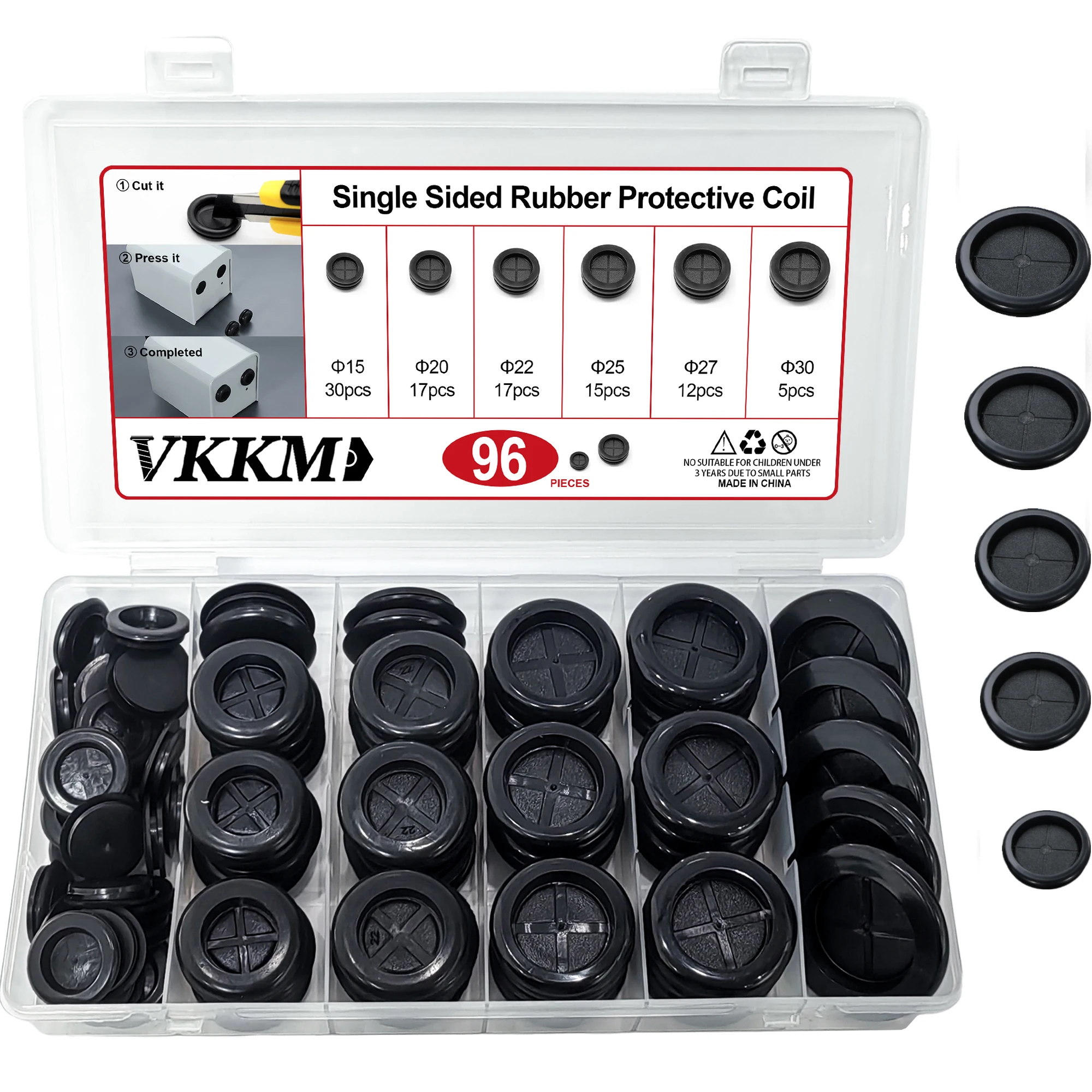 VKKM 96Pcs Single Sided Rubber Grommet Kit, 6 Sizes Flexible Rubber Wire Hole Plugs for Cabinet, Electrical Box, Metal Panel Wiring Protection