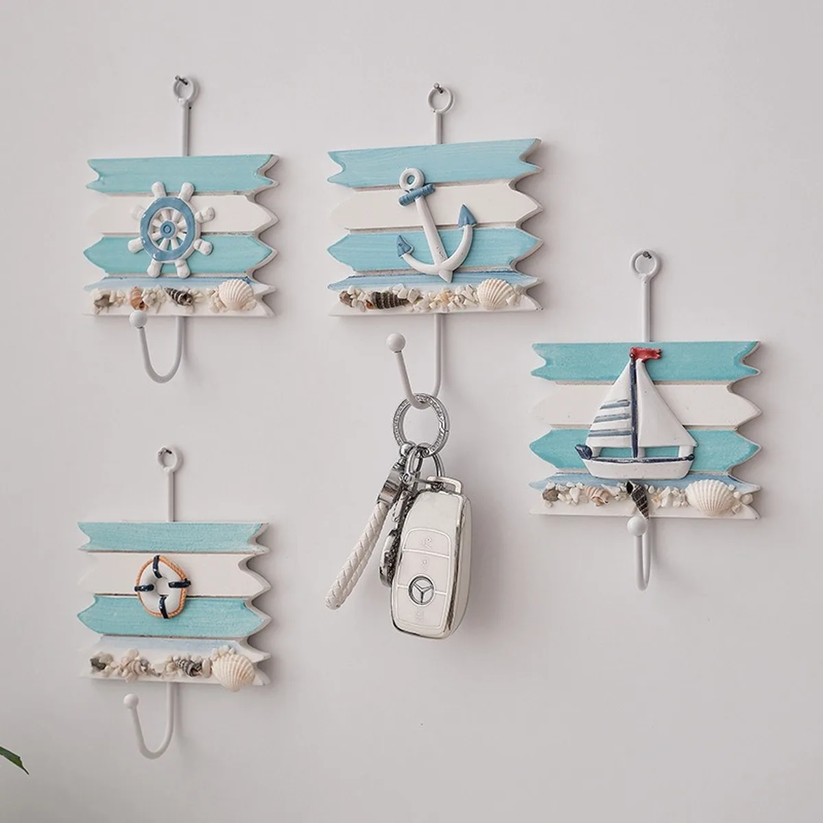 Mediterranean Wall Hooks 4pc Set Nautical Iron Coat Key Hanger Coastal Lifebuoy Helm Anchor Sailboat