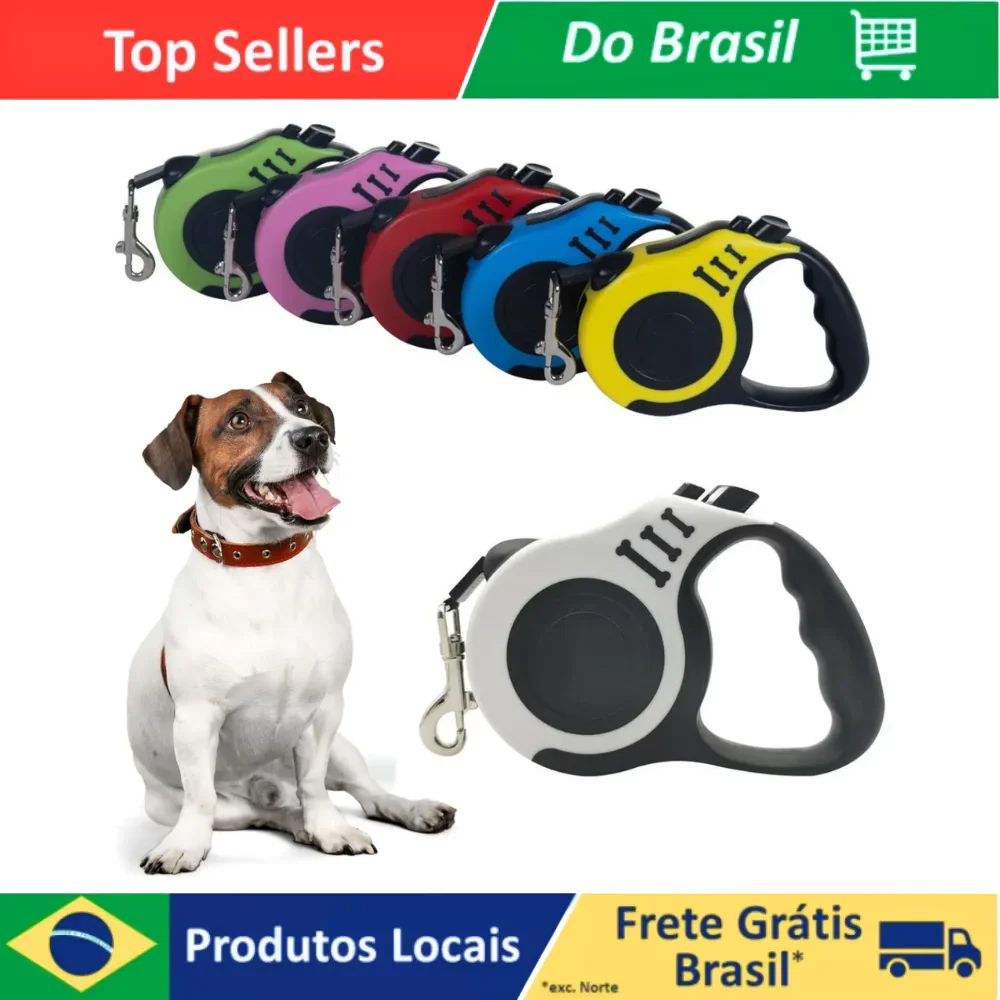 Coleira Retrátil de Passeio para Cães e Gatos, Guia Resistente 3/5 Metros, Prática e Segura para Caminhadas Diárias