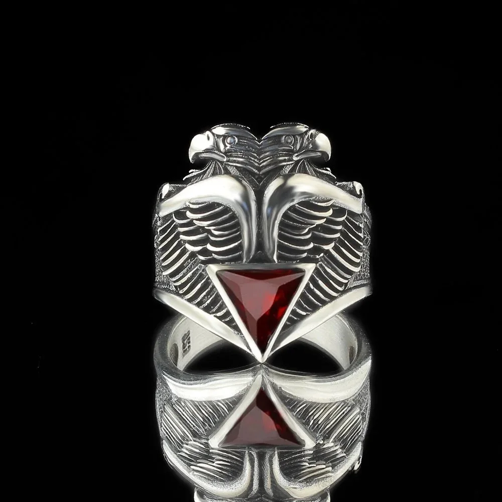 

Retro Handmade Turkish Signet Ring For Men Antique Silver Color Carved Eagle Ring Red Zircon Inlaid Punk Motor Biker Ring