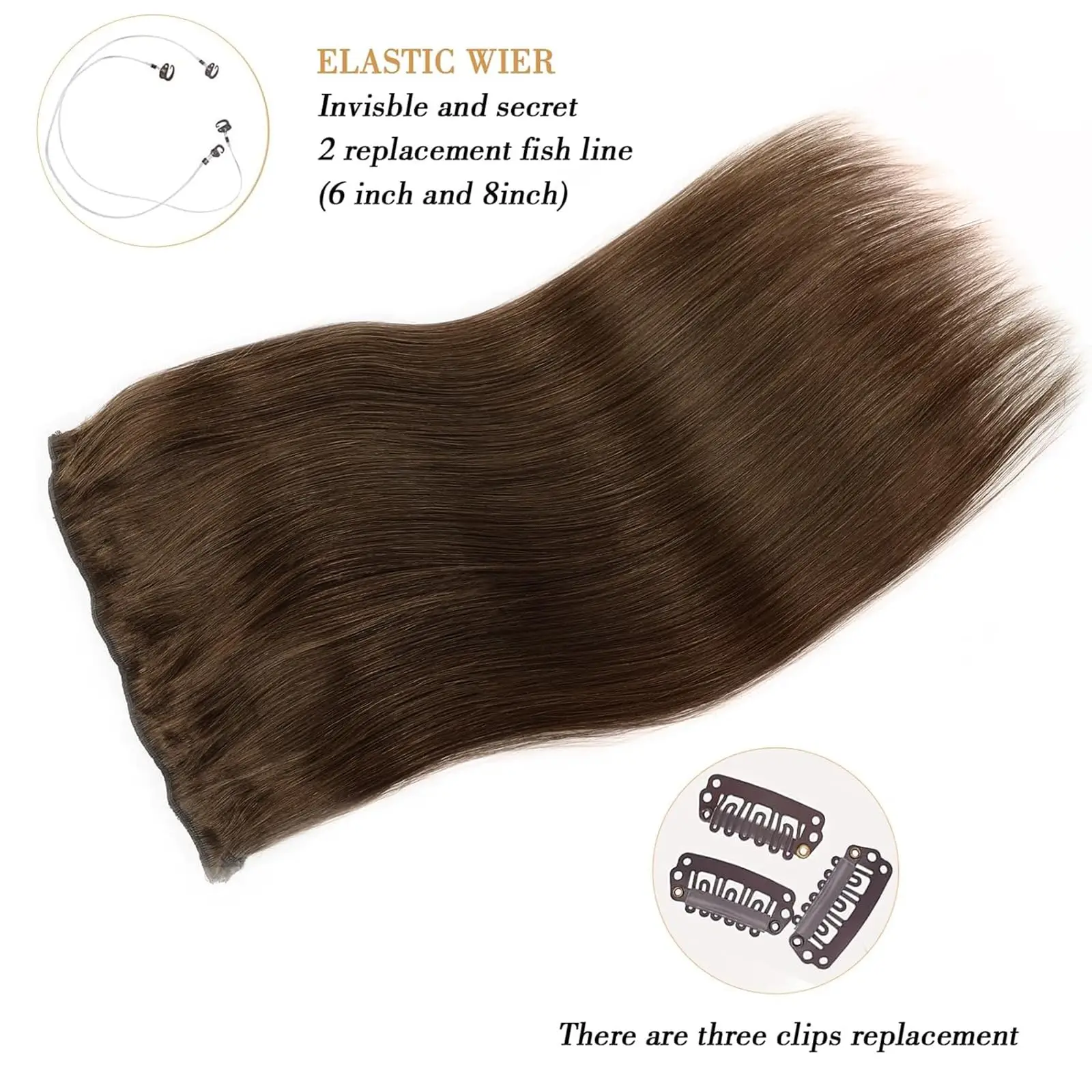 وصلات شعر شعر بشري حقيقي، وصلات شعر مستقيمة بنية متوسطة الحجم، سلك غير مرئي، خط سمكة، وصلة شعر طبيعي مفرود